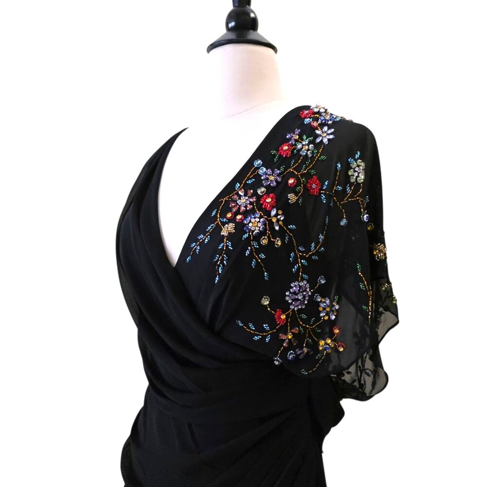 Mac Duggal Evening 26530 Beaded Floral Wrap 2 Gown Black Chiffon Embellished V - Picture 5 of 14